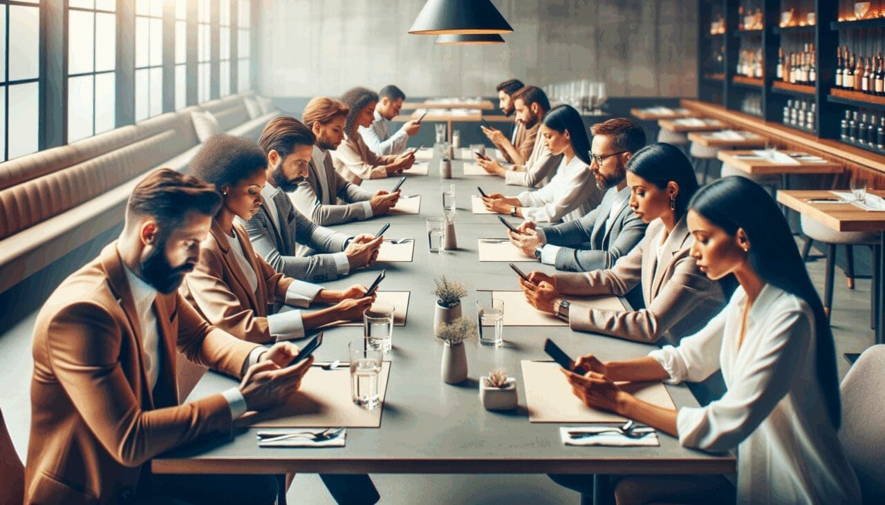 Personas sentadas en un restaurante moderno, usando sus smartphones sobre la mesa, ambiente tecnológico y relajado.