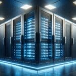 Servidor de alta tecnología iluminado con luces LED azules en un centro de datos moderno