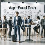 Fotografía de un moderno evento tecnológico agroalimentario con emprendedores presentando innovaciones.