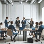 Grupo diverso de emprendedores debatiendo en una sala de reuniones moderna con pizarras y laptops.