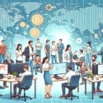 Ilustración de emprendedores y desarrolladores trabajando en una startup cripto, con gráficos digitales y mapas globales de fondo.