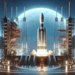 Un cohete en una plataforma de lanzamiento, cielo azul y entorno tecnológico, enfoque editorial.