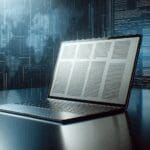 Laptop moderna sobre escritorio oscuro, fondo de código digital y ambiente tecnológico.