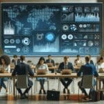 Emprendedores trabajando en laptops en un espacio moderno de coworking, con pantallas mostrando datos y gráficos tecnológicos.