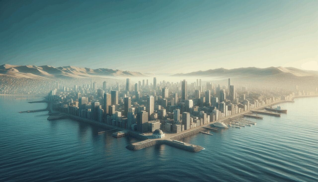 Ciudad de Antofagasta vista desde el mar con un cielo despejado.