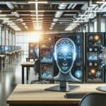 Primer plano de una sala de trabajo de startup con pantallas mostrando gráficos de inteligencia artificial y datos, ambiente moderno y tecnológico.