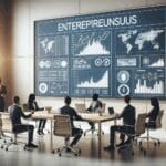 Reunión de emprendedores en una sala moderna con pantallas mostrando gráficos financieros.