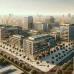 Panorámica de un campus empresarial moderno en Montevideo, con edificios de oficinas y áreas verdes.