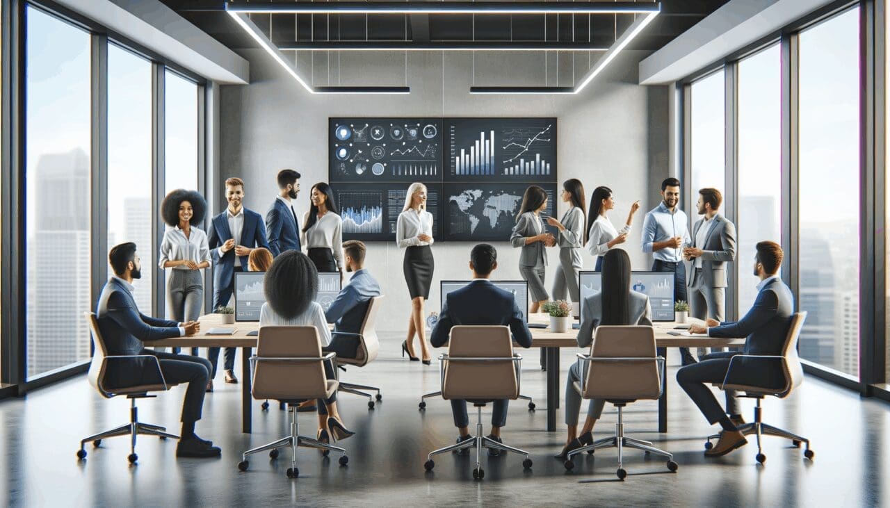 Oficina moderna con emprendedores colaborando frente a pantallas digitales y gráficos.