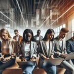 Equipo multicultural de jóvenes profesionales trabajando en laptops, fondo de datos digitales y ambiente moderno.