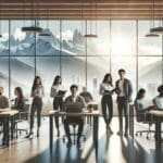 Emprendedores reunidos en un espacio de coworking moderno con ventanales que muestran paisajes de la Patagonia chilena.