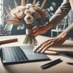 Primer plano de manos diseñando un ramo de flores junto a una laptop en un espacio de oficina moderno.