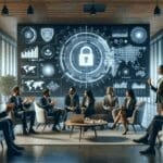 Salón moderno con emprendedores colaborando frente a pantallas digitales y esquemas de ciberseguridad proyectados.