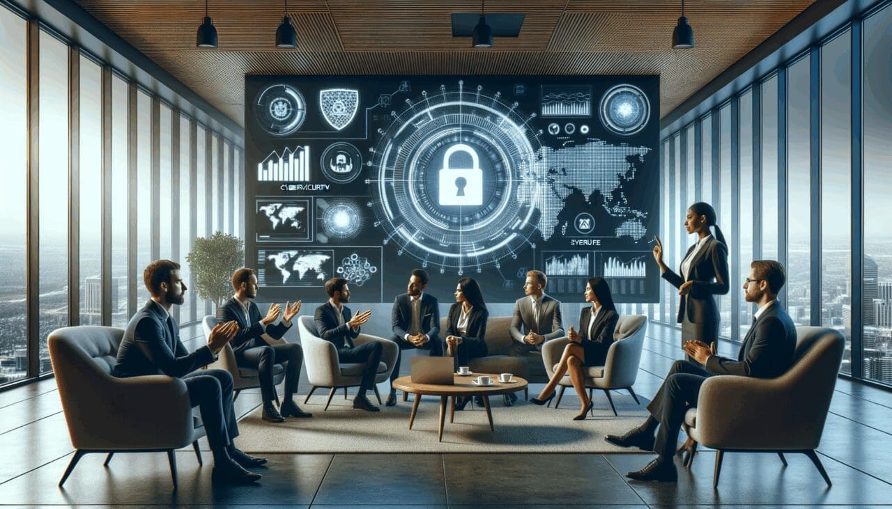 Salón moderno con emprendedores colaborando frente a pantallas digitales y esquemas de ciberseguridad proyectados.