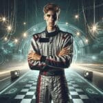 Joven piloto en traje de automovilismo sobre fondo tecnológico con luces dinámicas