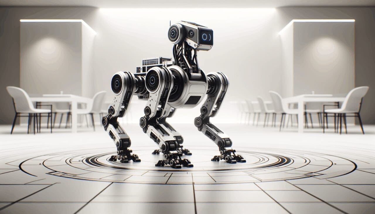 Primer plano de un robot cuadrúpedo avanzado en un entorno tecnológico minimalista.