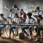 Jóvenes estudiantes utilizando tecnología en un laboratorio modernamente equipado.