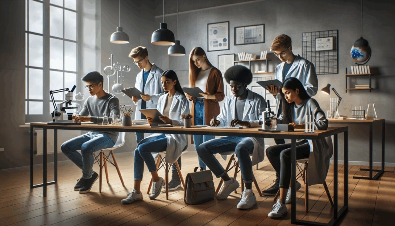 Jóvenes estudiantes utilizando tecnología en un laboratorio modernamente equipado.