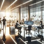 Oficinas luminosas con equipos colaborando en mesas modernas y pantallas digitales en ambiente tecnológico.