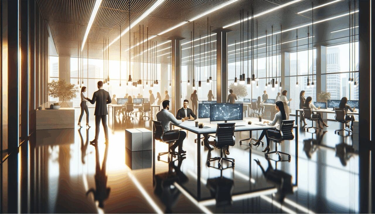 Oficinas luminosas con equipos colaborando en mesas modernas y pantallas digitales en ambiente tecnológico.