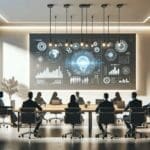 Sala de reuniones moderna con emprendedores y tecnología en pantalla