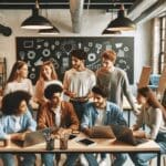 Jóvenes emprendedores colaborando en un moderno espacio de coworking, rodeados de laptops y pizarras.