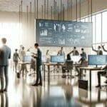 Personas colaborando en una oficina moderna con computadoras y pantallas de datos, ambiente tecnológico y profesional.