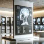 Sala moderna con servidores y pantallas mostrando algoritmos de inteligencia artificial