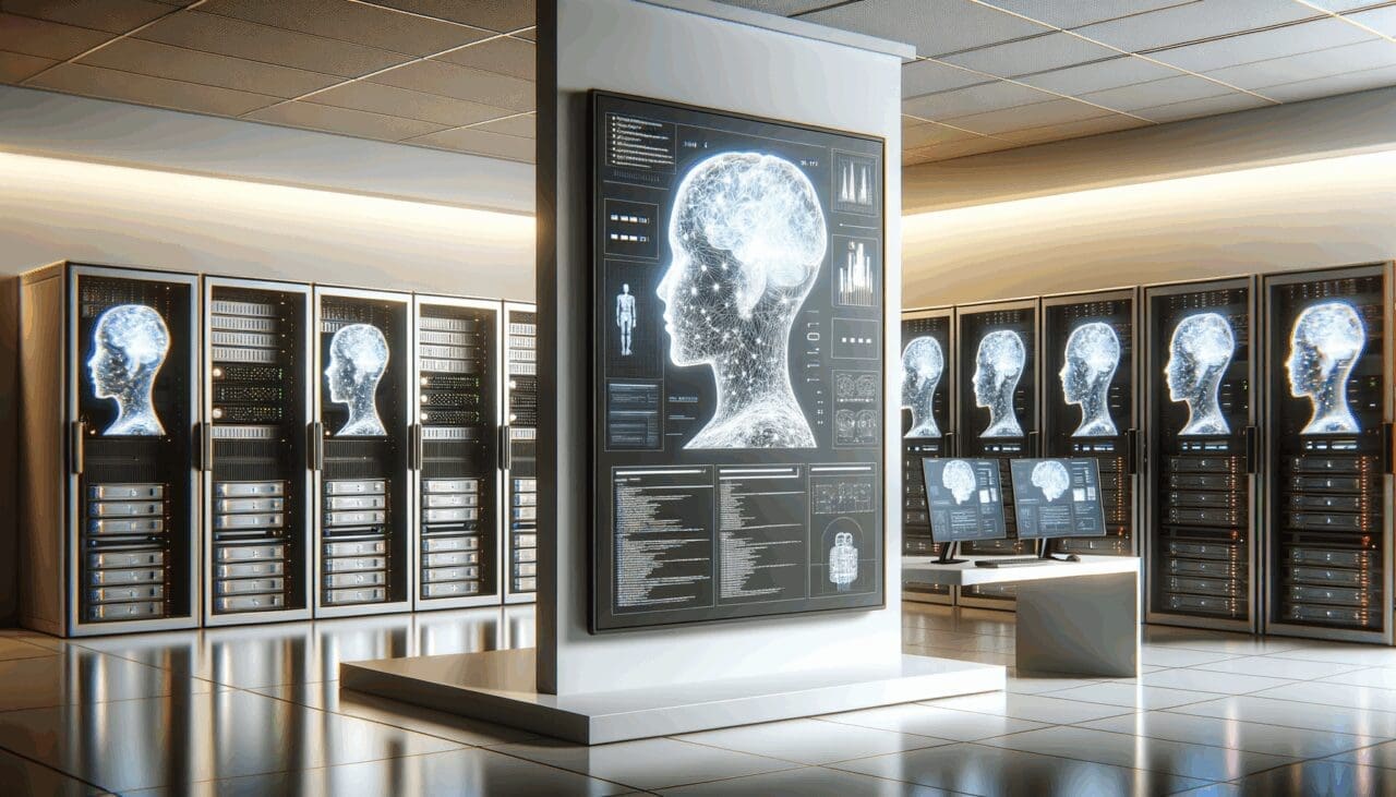 Sala moderna con servidores y pantallas mostrando algoritmos de inteligencia artificial