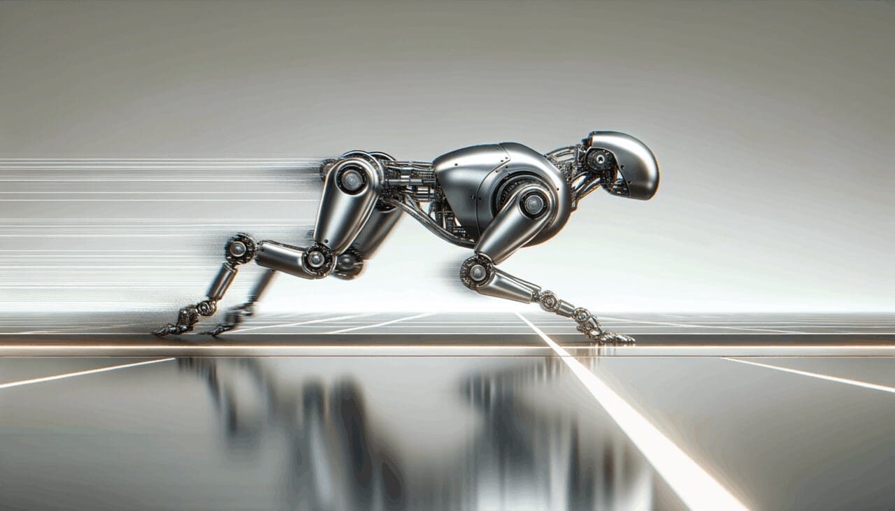 Primer plano de un robot cuadrúpedo metálico avanzando rápido sobre pista tecnológica en ambiente futurista.