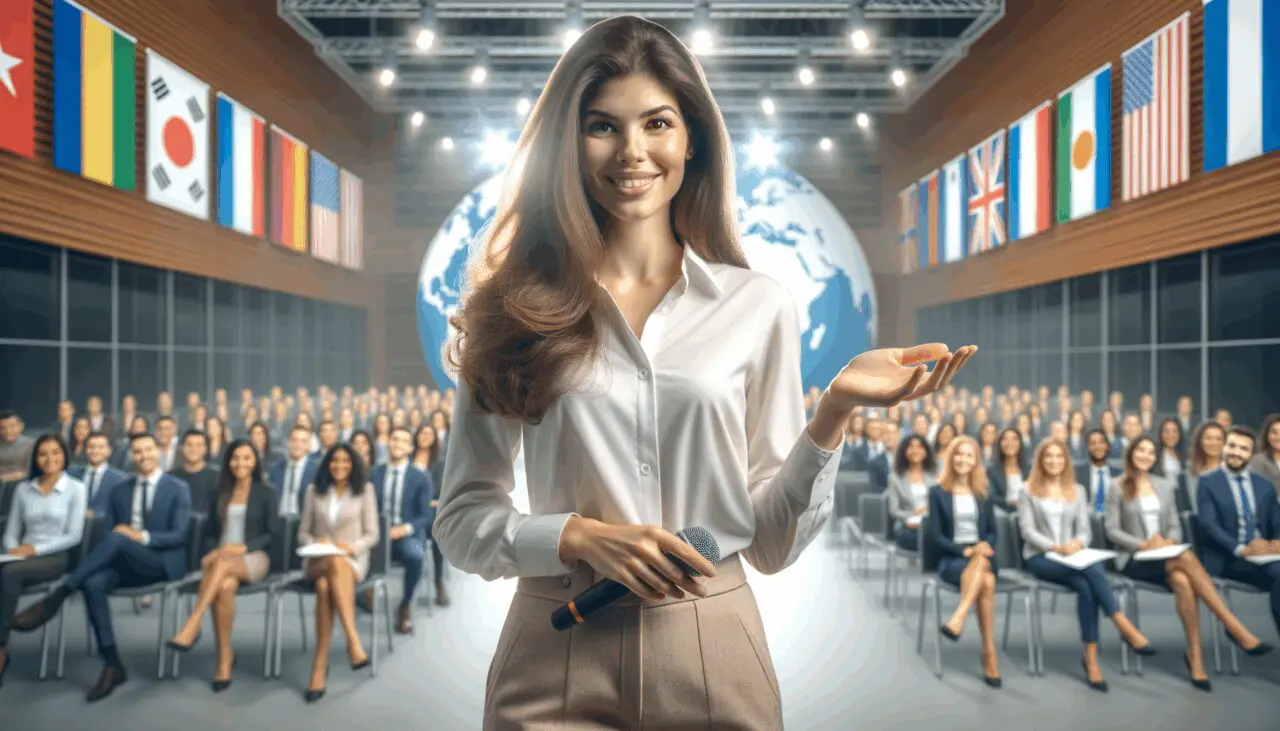 Emprendedora joven presentando frente a una audiencia en un auditorio moderno, ambiente internacional.