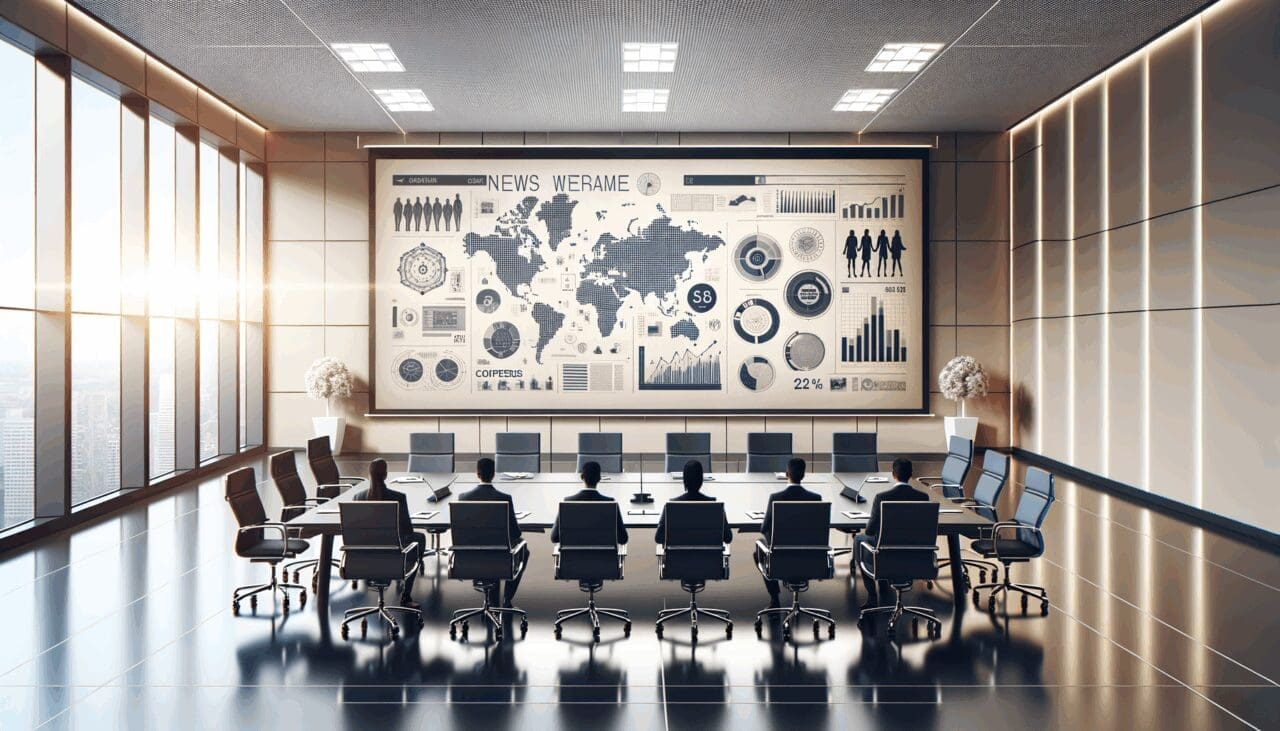 Reunión corporativa en una sala de conferencias con gráficos y tecnología.