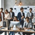 Emprendedores jóvenes colaborando en un espacio de coworking moderno, rodeados de computadoras y pizarras tecnológicas.