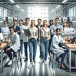 Grupo de jóvenes emprendedores trabajando en laboratorio moderno de tecnología alimentaria.