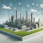 Imagen conceptual de una planta industrial con infraestructura moderna y detalles tecnológicos en un entorno limpio y verde.