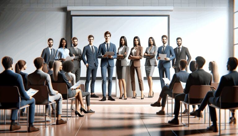 Grupo de jóvenes emprendedores presentando un pitch en un auditorio moderno