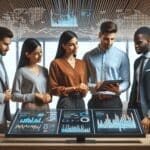 Equipo multicultural reunido frente a pantallas con gráficos digitales en un moderno espacio de coworking.