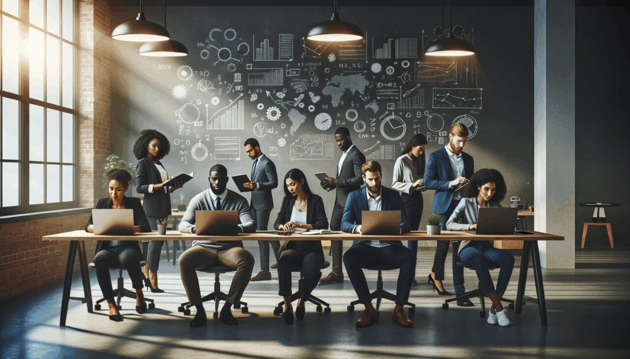 Emprendedores colaborando en un espacio de coworking moderno con laptops y pizarras digitales.