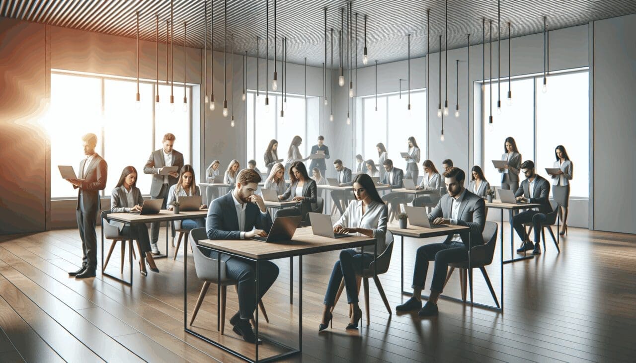 Sala moderna con emprendedores trabajando en laptops durante un taller de innovación