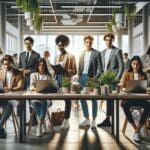 Equipo de jóvenes emprendedores trabajando en un espacio moderno con plantas y pantallas digitales.