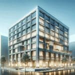 Edificio moderno de una multinacional tecnológica con un cielo despejado.