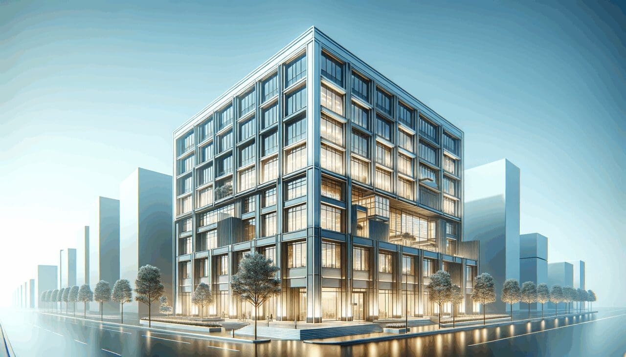 Edificio moderno de una multinacional tecnológica con un cielo despejado.