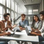 Grupo diverso de jóvenes emprendedores debatiendo frente a portátiles en un entorno universitario moderno.