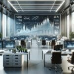 Oficinas modernas con equipos tecnológicos y pantallas que muestran gráficos financieros.