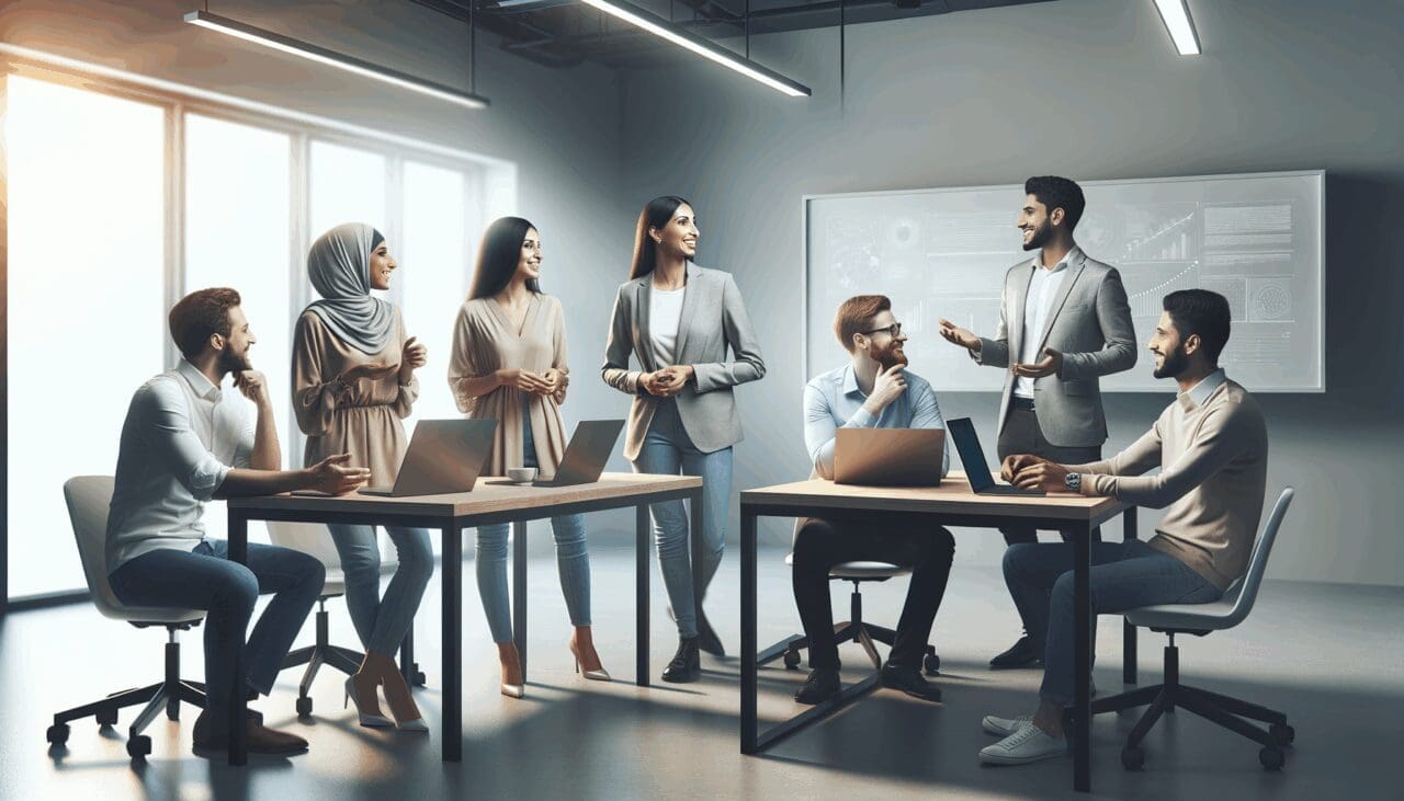 Grupo multicultural de emprendedores conversando animadamente en una oficina moderna con laptops y pizarras digitales.