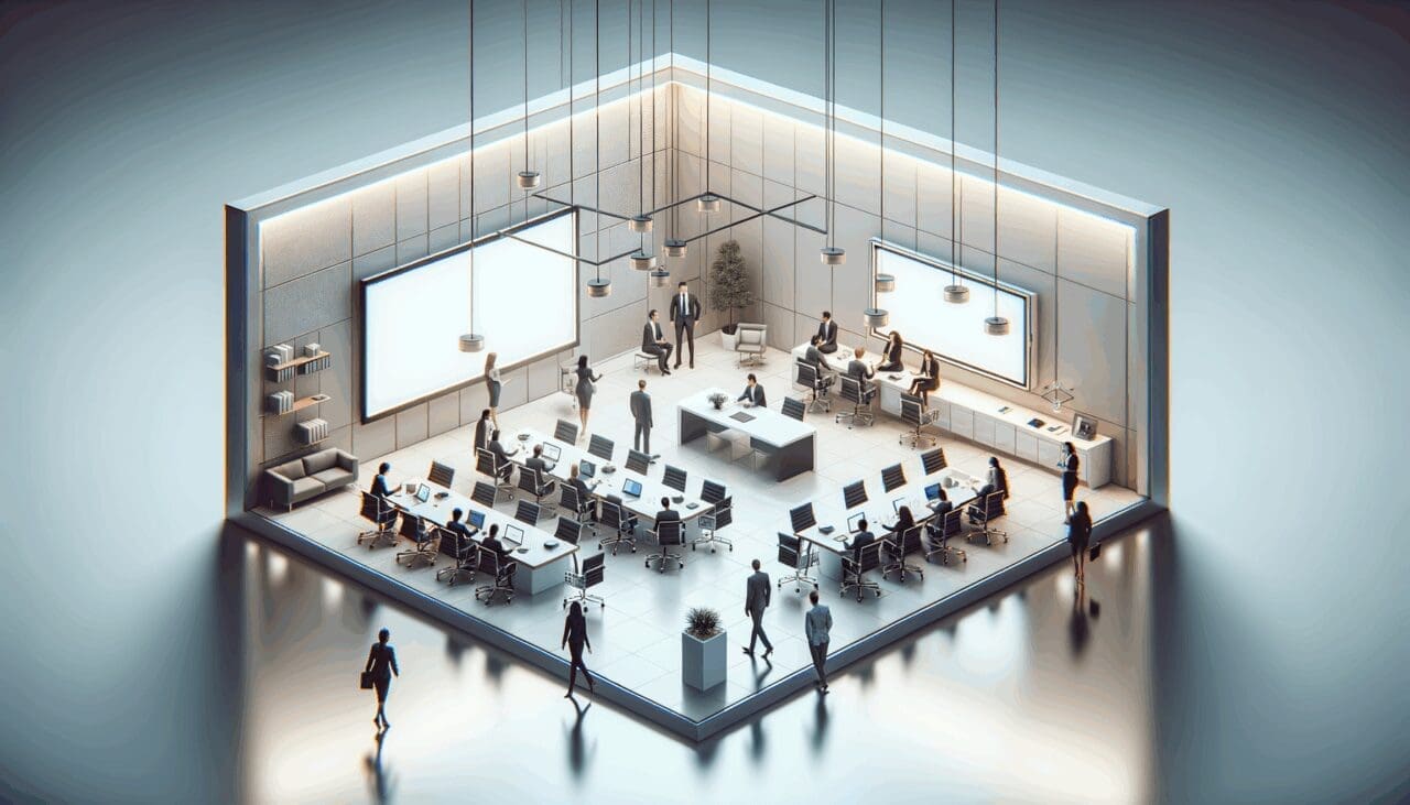 Plano minimalista de una sala de reuniones tecnológica con personas colaborando y dispositivos innovadores.