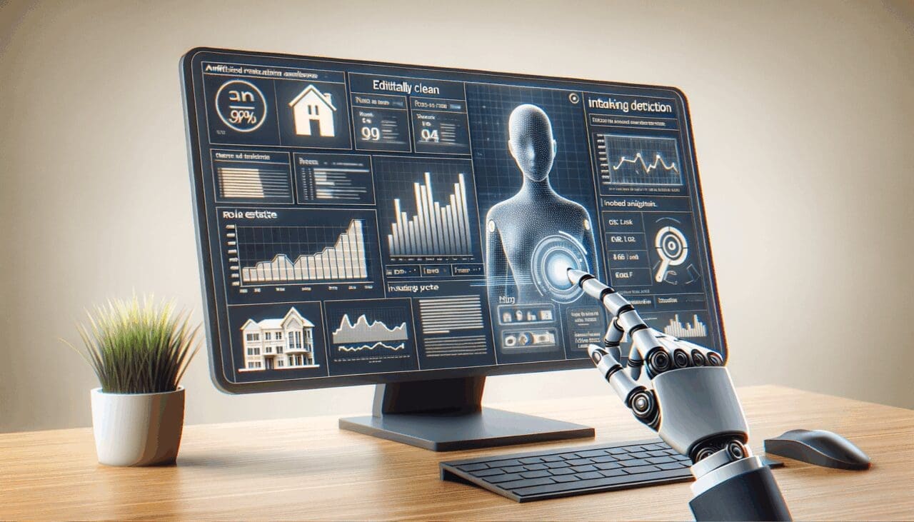Ilustración de una pantalla digital con datos inmobiliarios y gráficos, resaltando un asistente de inteligencia artificial interactuando con usuarios.