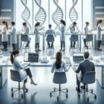 Laboratorio biotecnológico moderno con científicos trabajando en muestras de ADN.