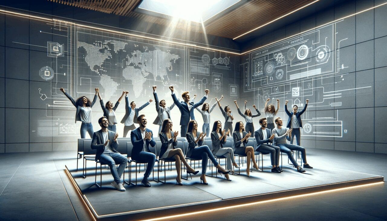 Grupo de jóvenes emprendedores celebrando en un moderno auditorio tecnológico, con luces y ambiente innovador.