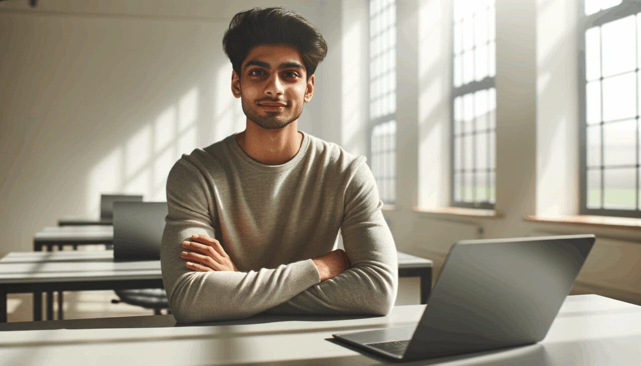 Retrato de un joven emprendedor en una oficina moderna con luz natural y laptops sobre la mesa.
